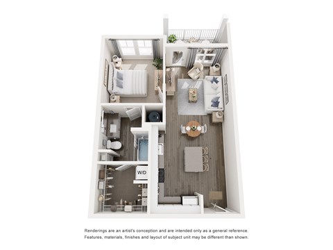 A floor plan of a small apartment with a kitchen, living room, and bathroom.